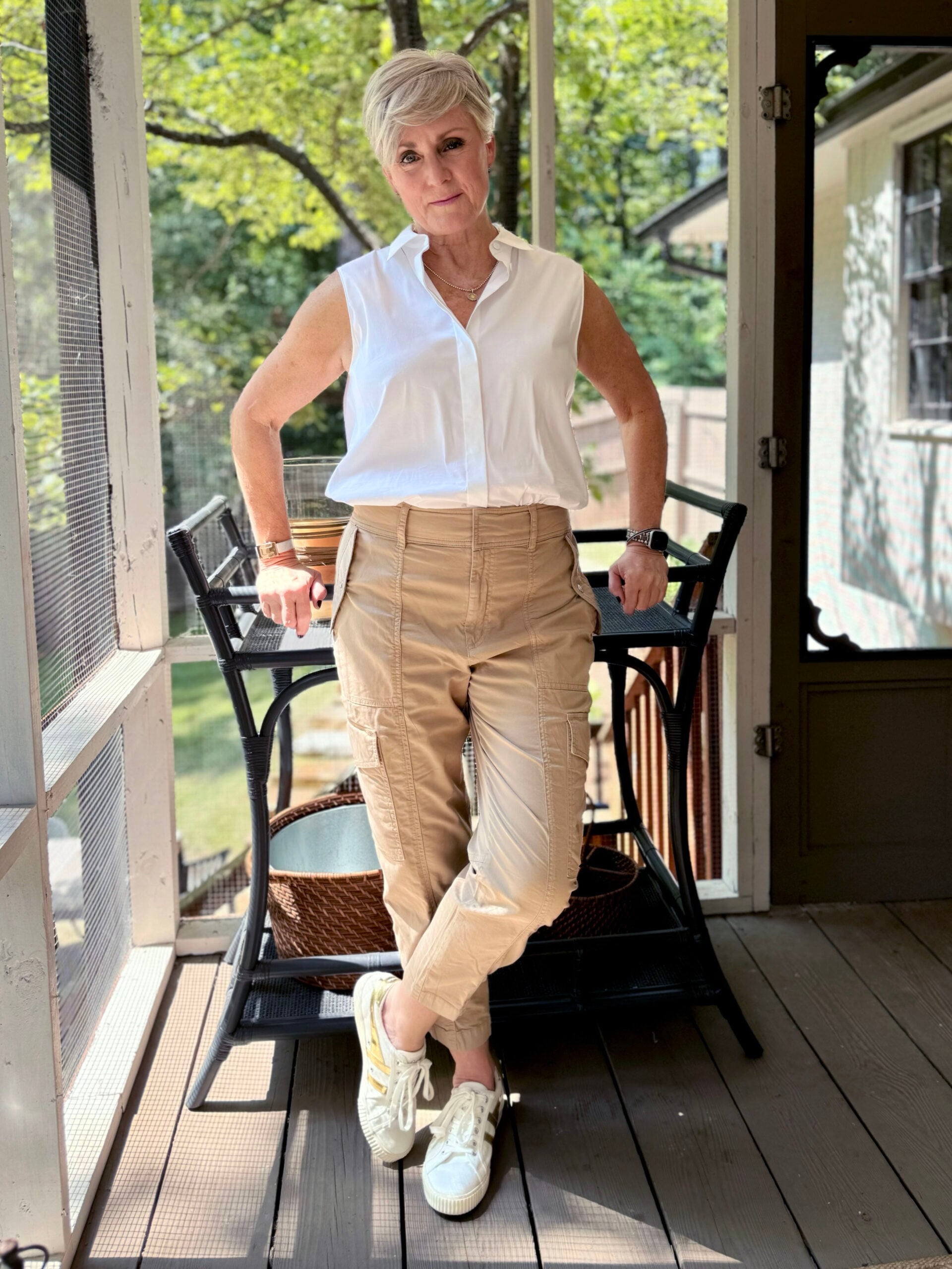 cargo pants and sleeveless button down