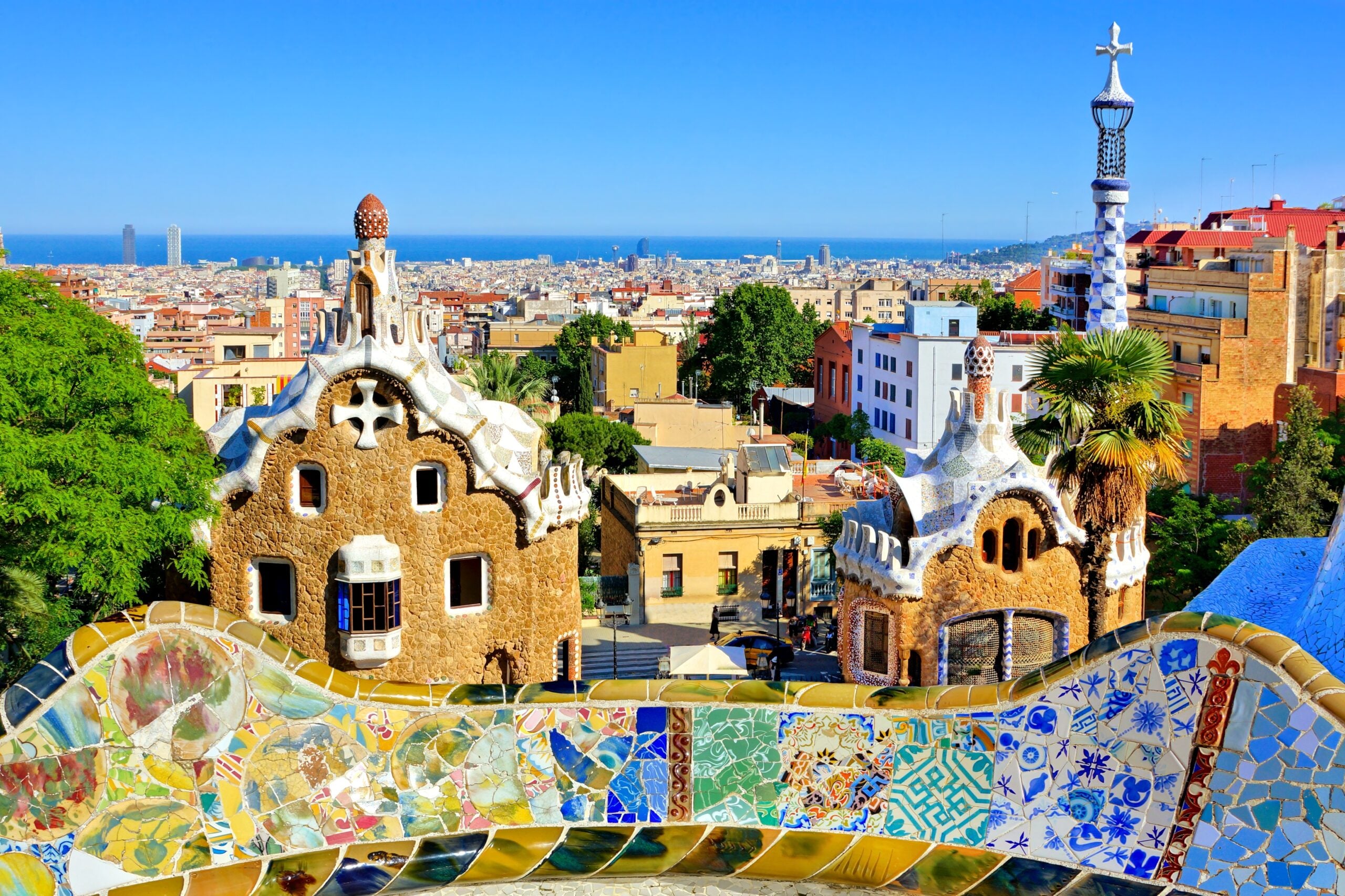 View over Antoni Gaudi's artistic Park Guell in Barcelona, Spain