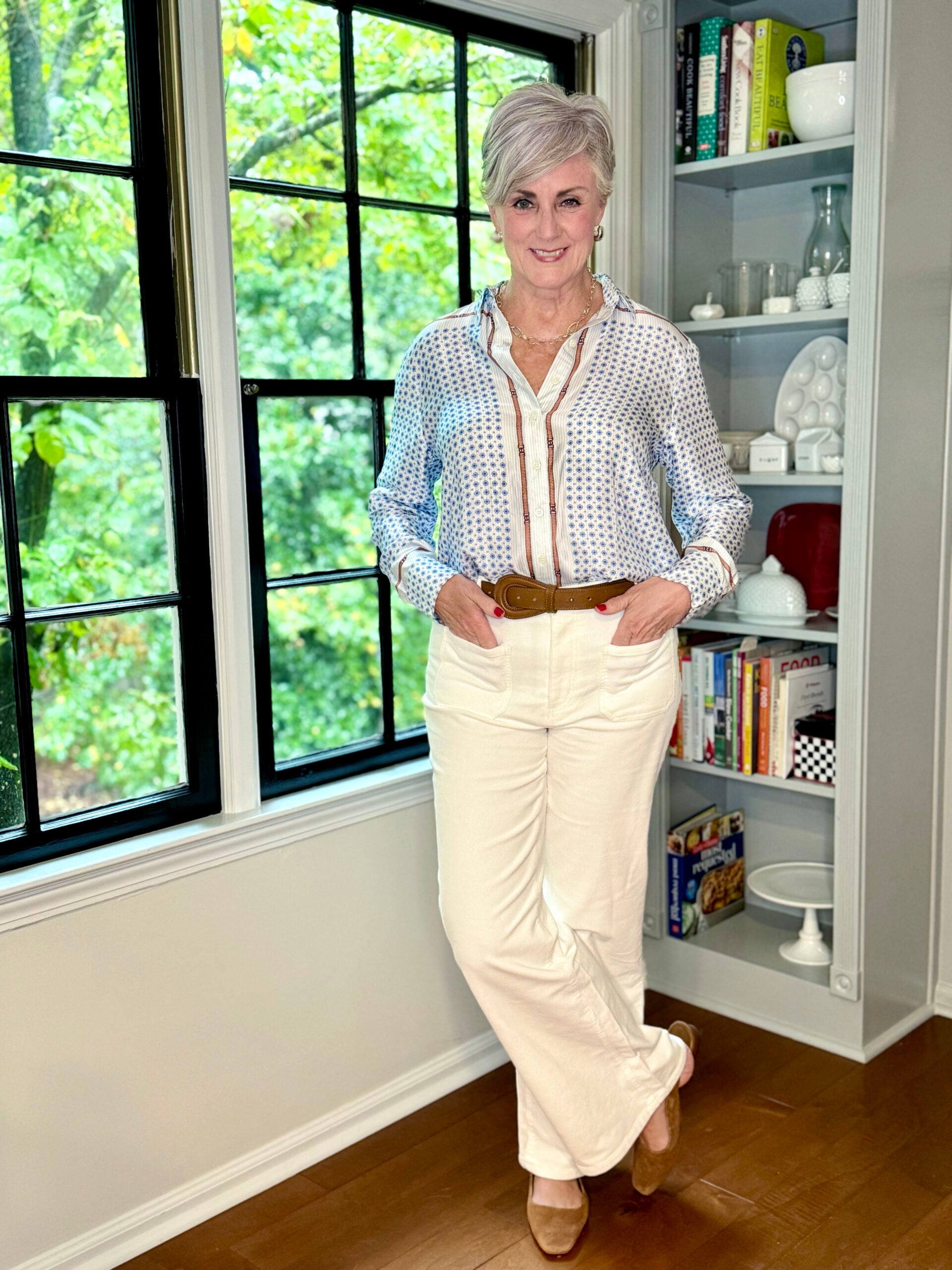 flare jeans and scarf print shirt