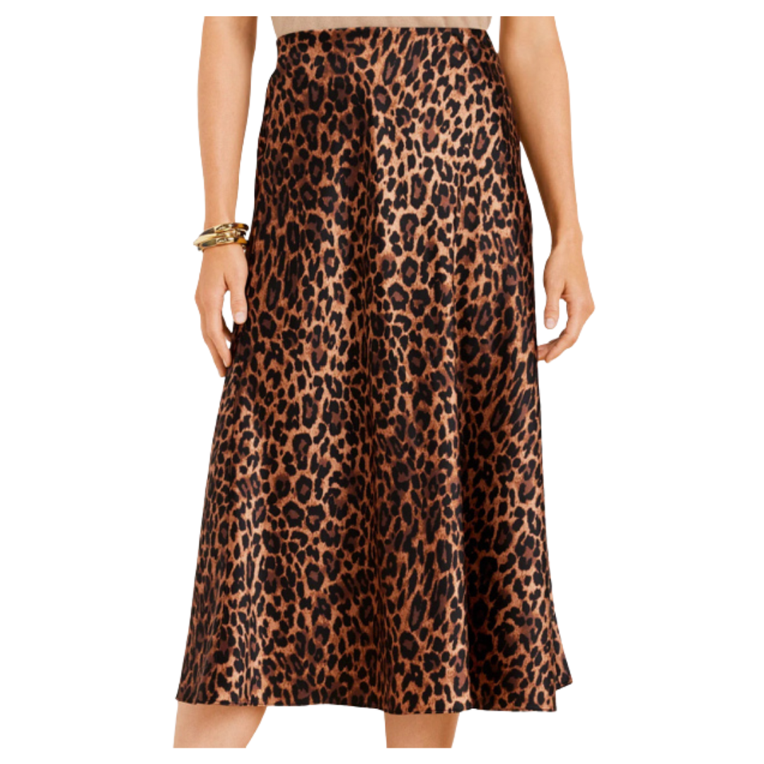 satin leopard midi skirt