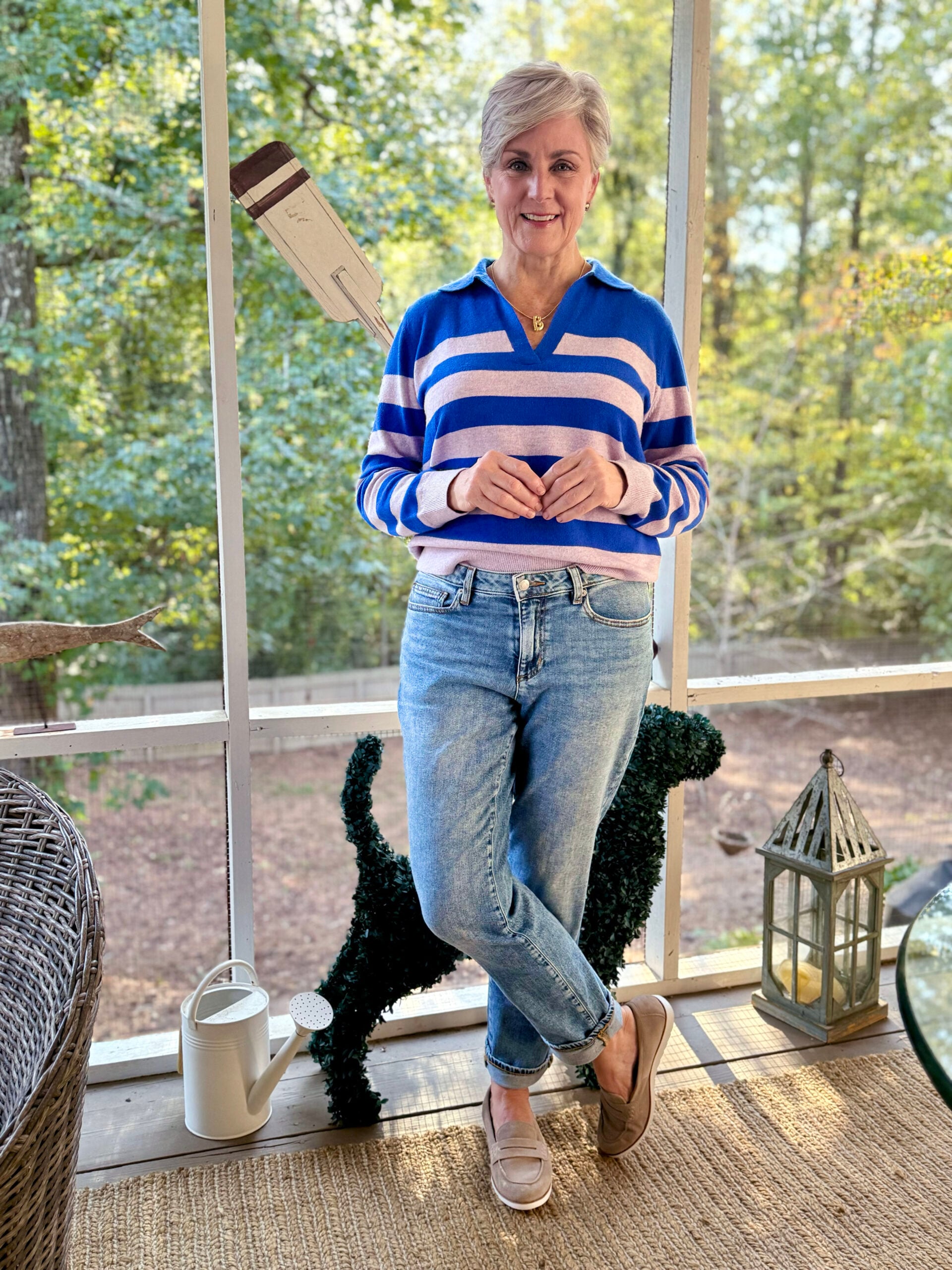 striped sweater and jeans