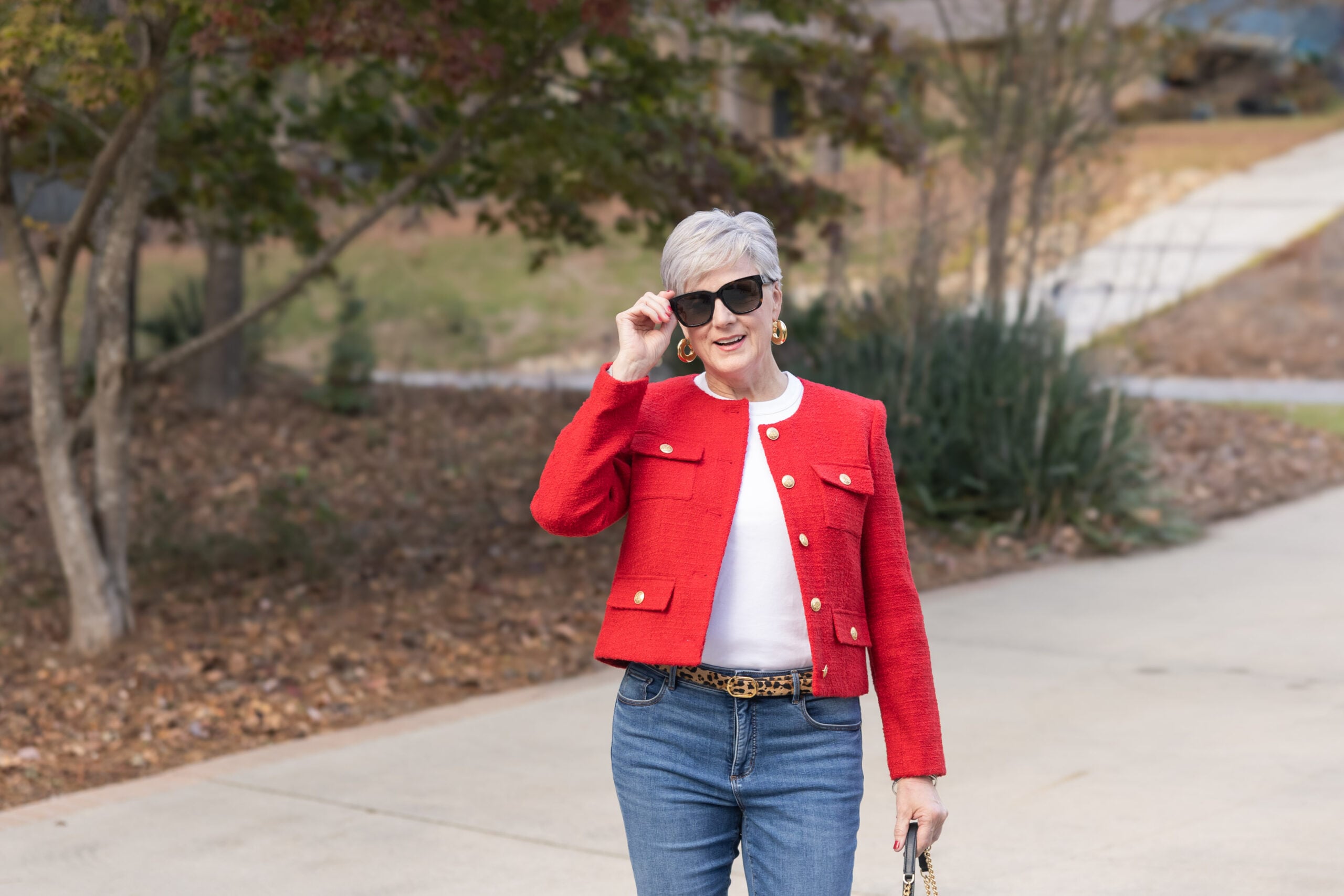 red lady jacket outfit
