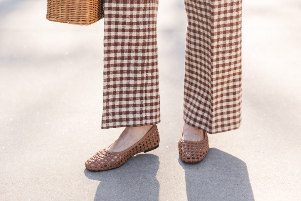 wicker handbag, woven ballet flats, gingham trousers