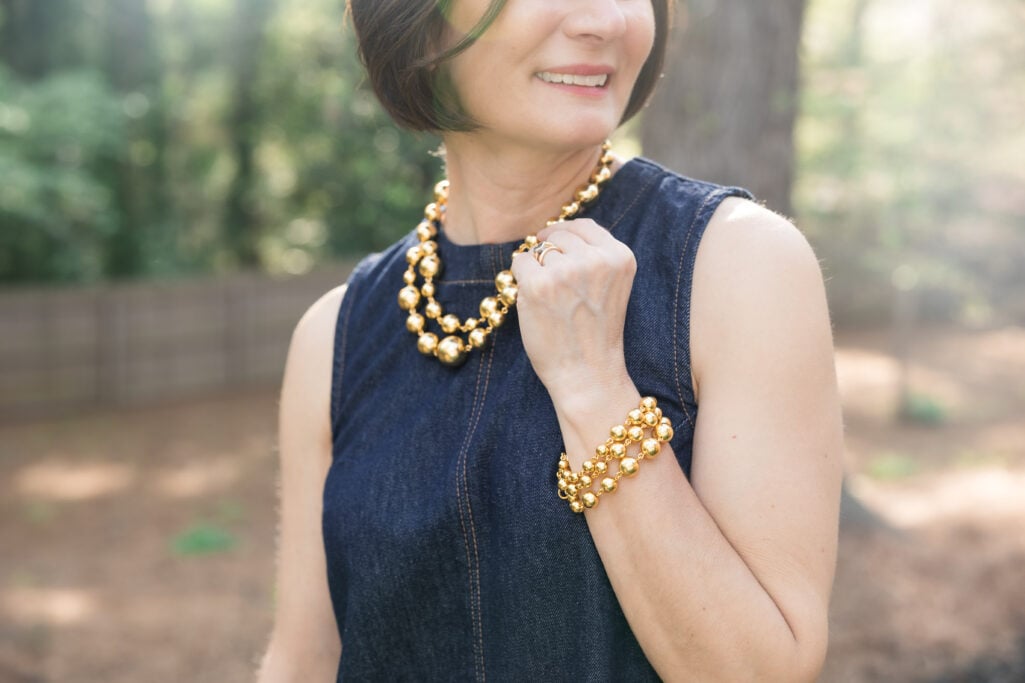 denim, spring, style, fashion, gold statement jewelry