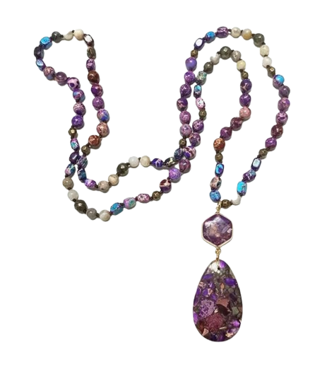 Natural Stone Beaded Long Pendant Necklace, statement jewelry