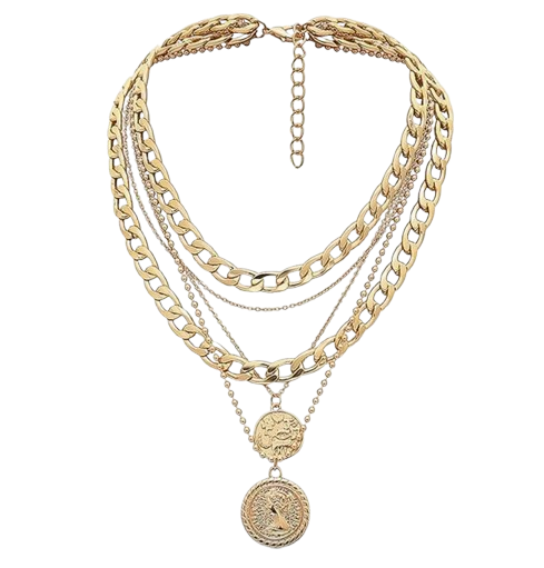 Gold Coin Pendant Layered Chain Necklace