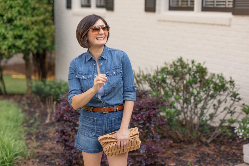 shorts, chambray, tank top, sandals, straw clutch, sunglasses