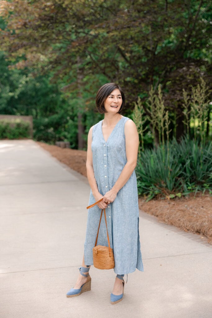Woven Bag, Espadrille Wedges, Linen Dress, Petite Summer Style