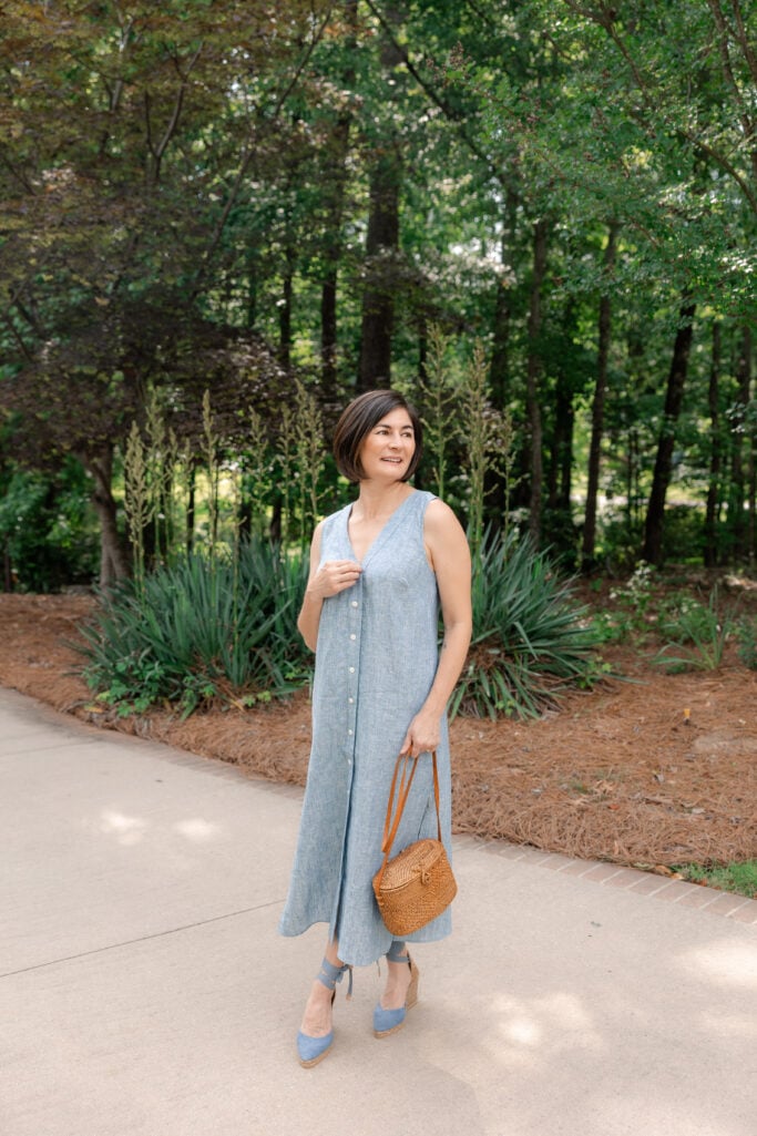 Woven Bag, Espadrille Wedges, Linen Dress, Petite Summer Style