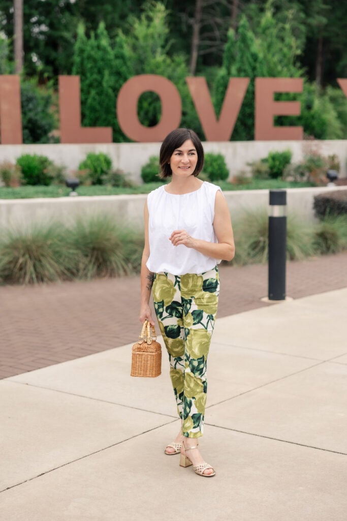 woven accessories, bold pattern, bubble hem, summer outfit, ruched, heeled sandals, shop the look