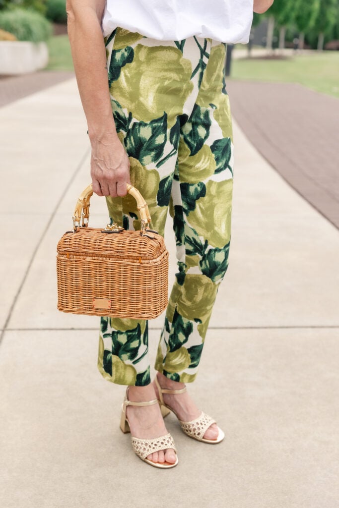 woven accessories, bold pattern, bubble hem, summer outfit, ruched, heeled sandals, shop the look