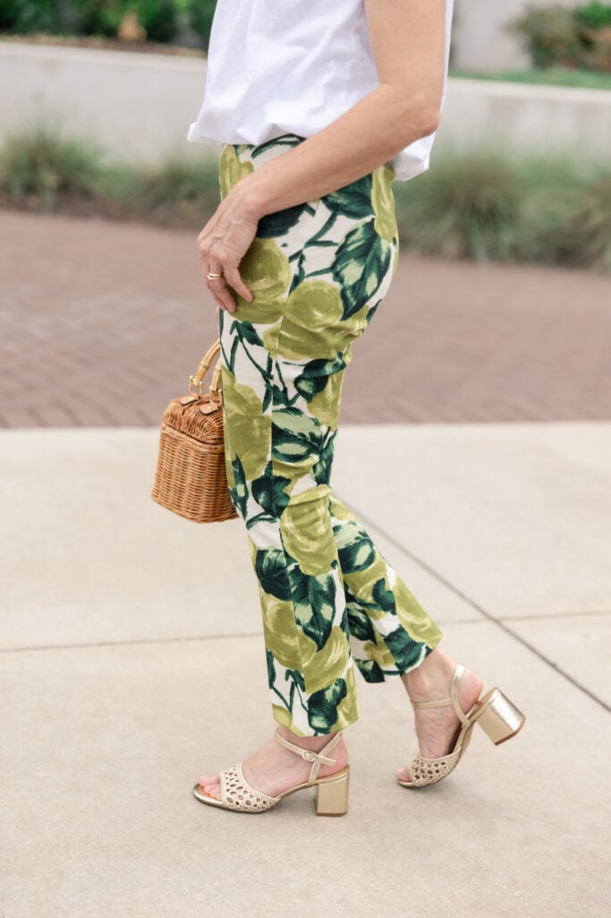woven accessories, bold pattern, bubble hem, summer outfit, ruched, heeled sandals, shop the look