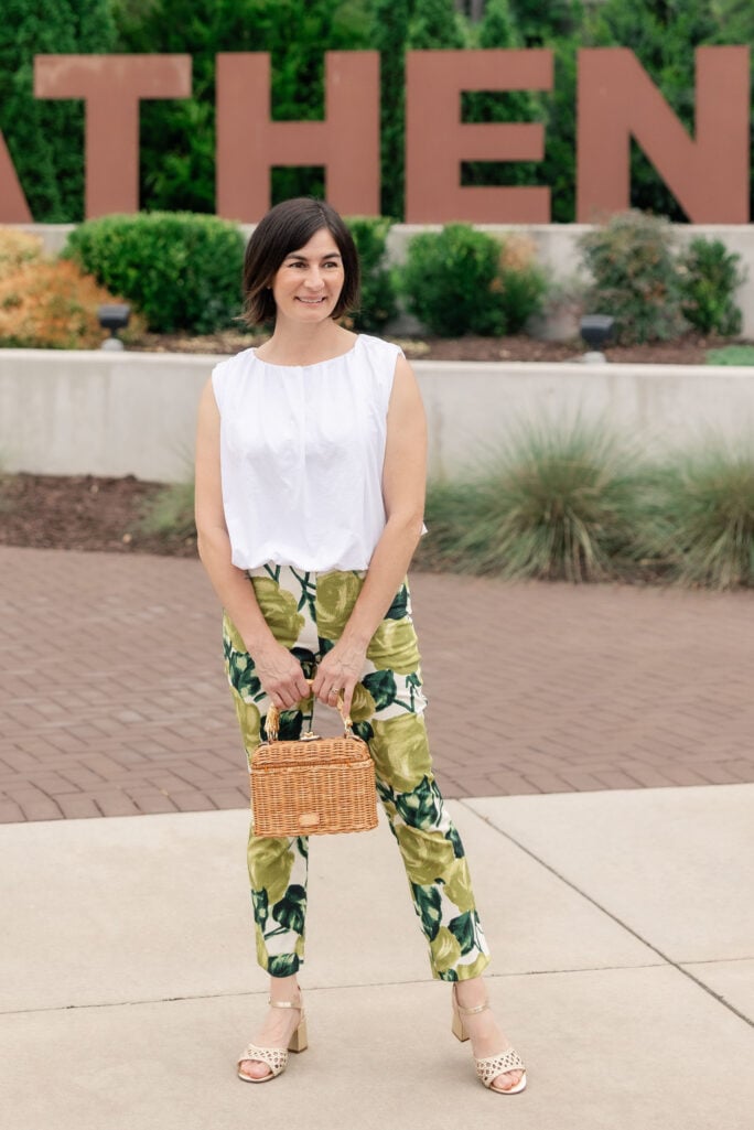 woven accessories, bold pattern, bubble hem, summer outfit, ruched, heeled sandals, shop the look