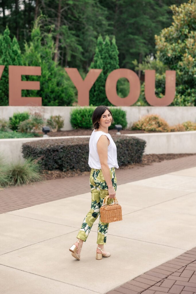 woven accessories, bold pattern, bubble hem, summer outfit, ruched, heeled sandals, shop the look