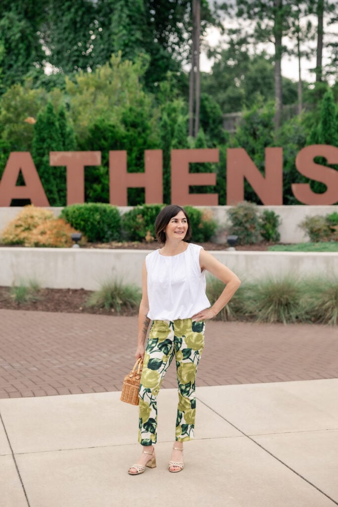 woven accessories, bold pattern, bubble hem, summer outfit, ruched, heeled sandals, shop the look