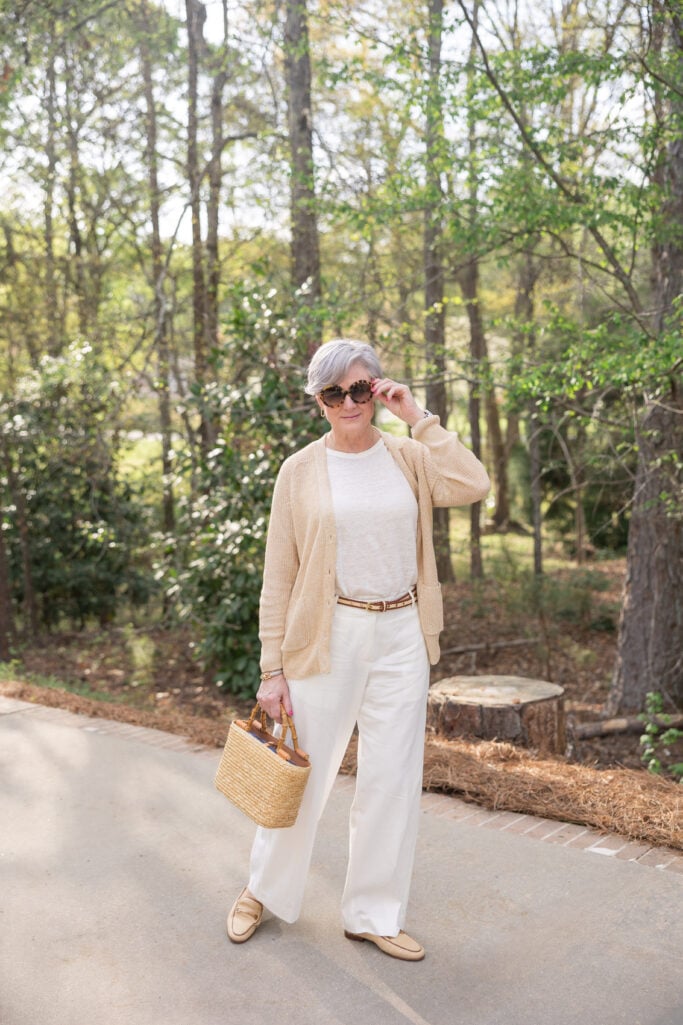 Ivory and beige summer outfit with warm-toned neutrals for mature skin