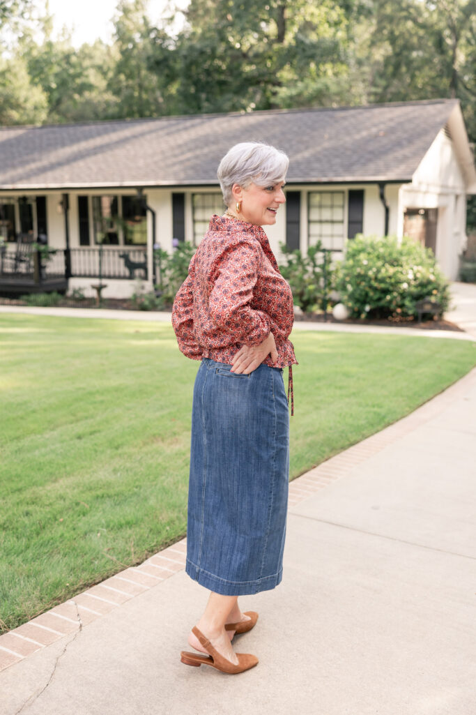 Beth Djalali shows how to style denim skirts for fall with suede shoes and tote.