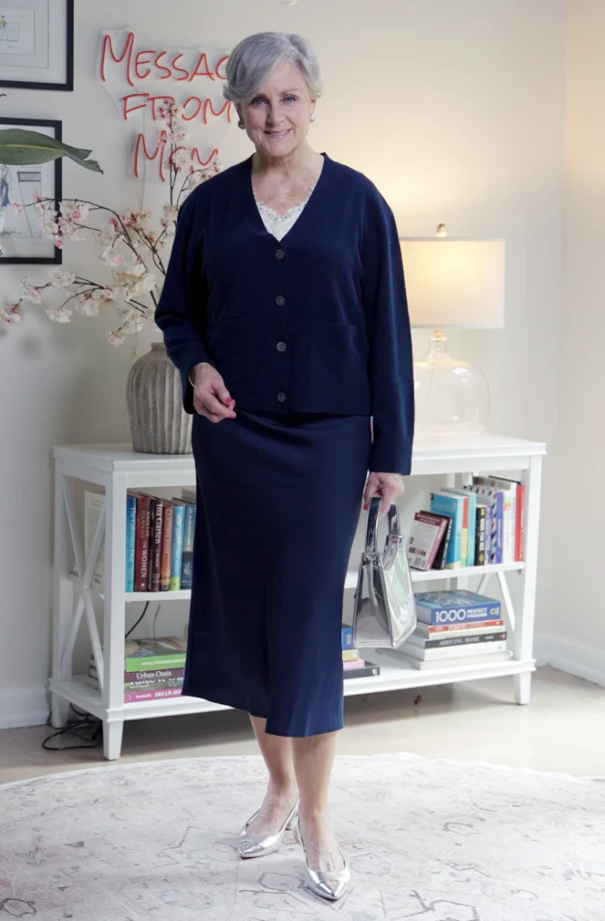 Slip skirt styled with a cardigan as a top
