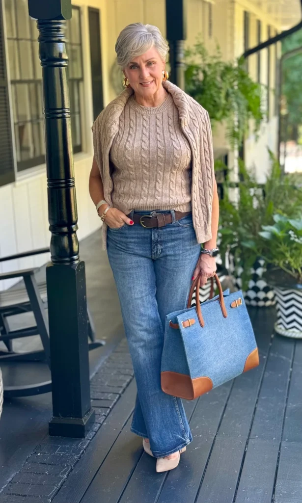 camel sweater and denim