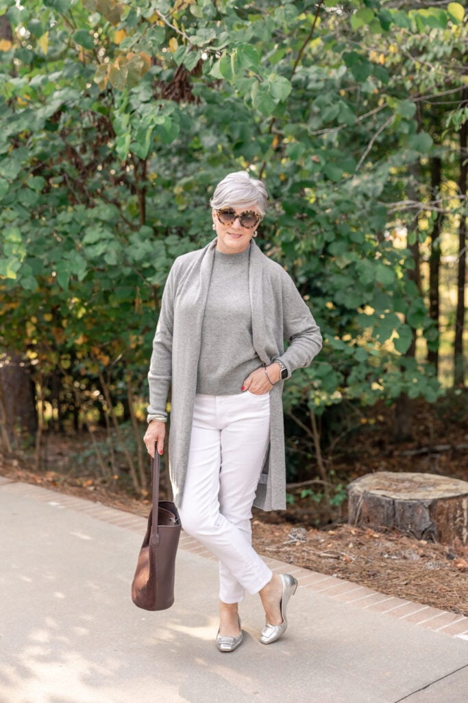 Long duster cardigan and white denim outfit