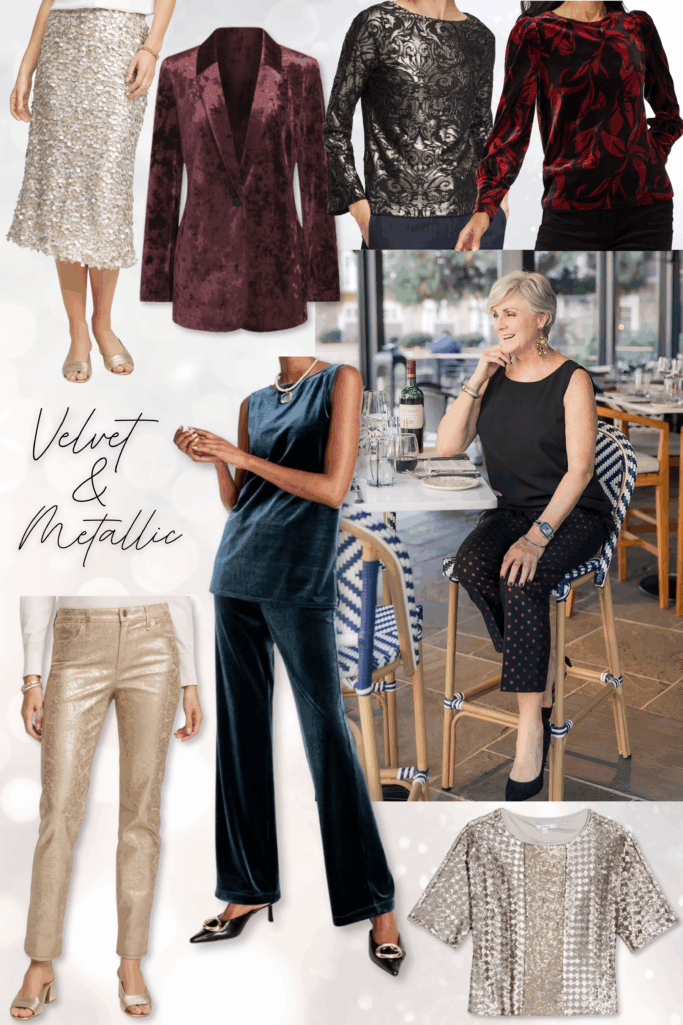 Chico’s holiday outfits with velvet blazers, metallic blouses, and evening-ready styles for women.