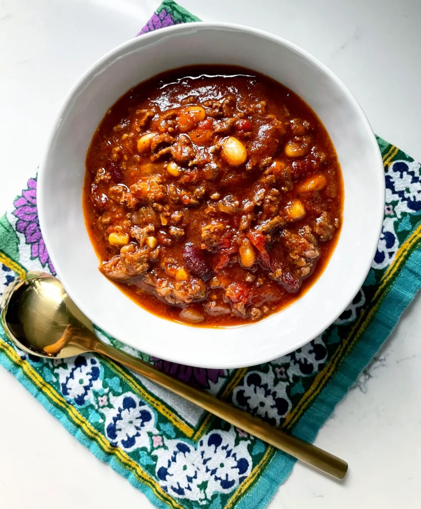 Instant Pot Chili close-up – Rich chili with beans and tomatoes, ready to serve.