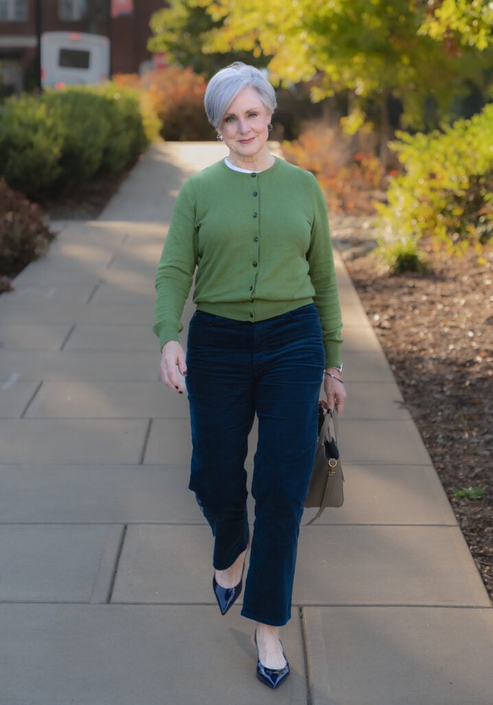 Beth Djalali wearing moss green and navy corduroys.