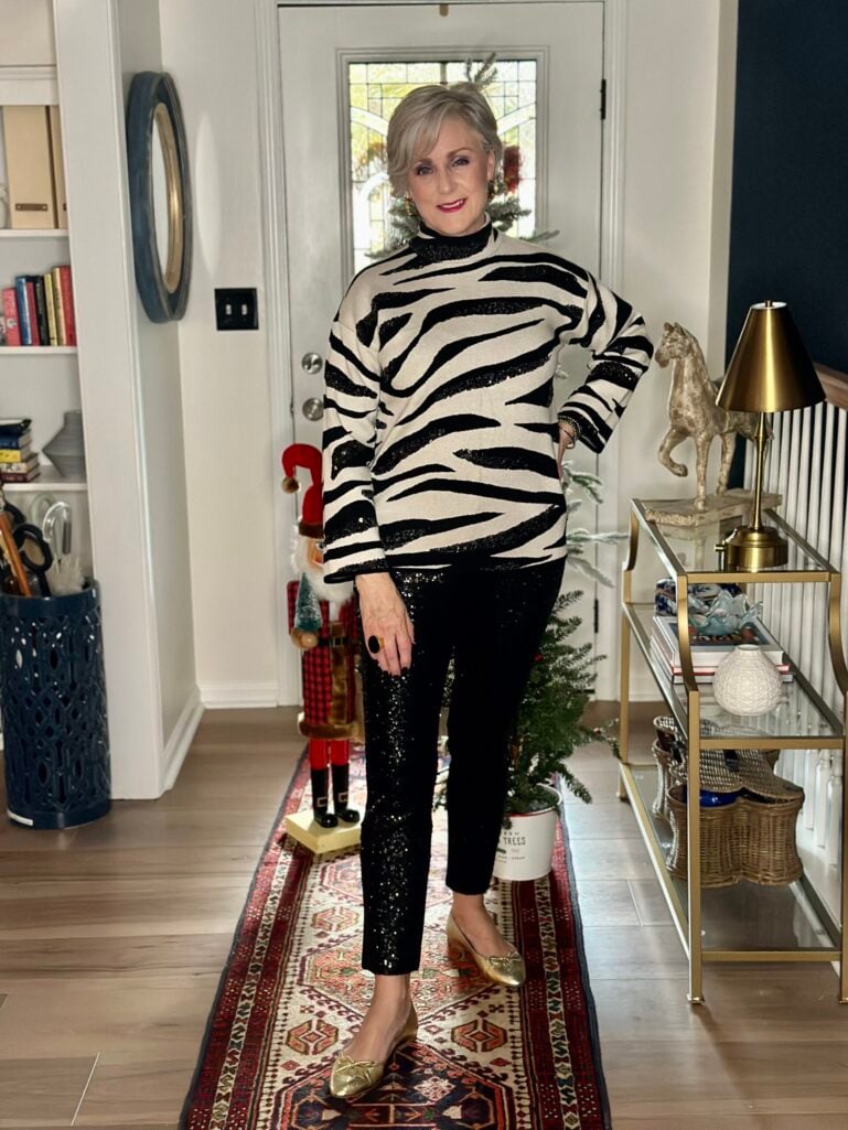 Woman wearing Holiday sequin pants