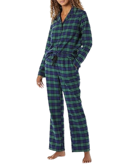 blue and green plaid flannel fall pajama set
