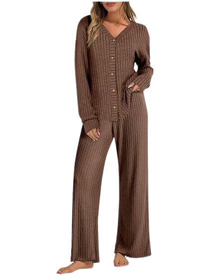 brown ribbed knit pajama set for fall