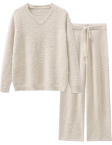 cream fuzzy fleece pajama set for fall