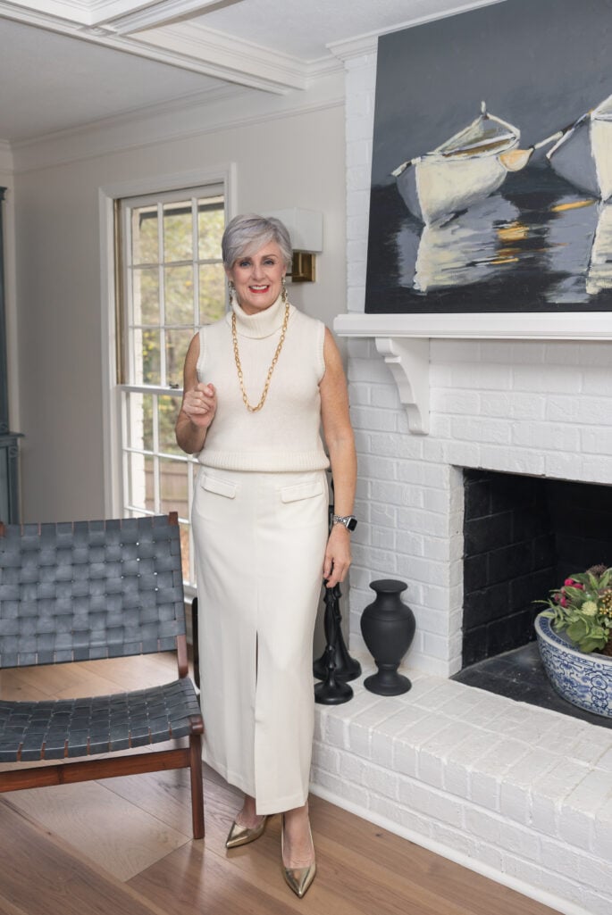  winter white holiday outfit women over 50 ivory knit and skirt