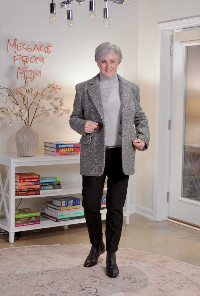 Oversized herringbone blazer with metallic turtleneck and black tailored pants.