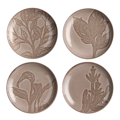 neutral chestnut brown appetizer plates with various botanical patterns