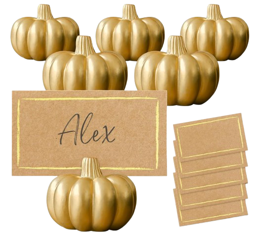 Kate Aspen Fall Decor Mini Gold Pumpkin Place Card Holders. Set of 6 pumpkin-shaped place holders with matching cardboard placecards with a gold border.