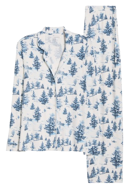 2-piece set of Moonlight Eco Knit Pajamas from Nordstrom. Long pants and long-sleeved button-down pajama shirt in a matching ivory and blue spruce toile pattern