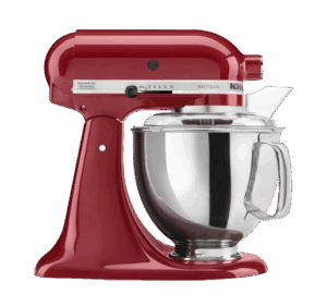 Red KitchenAid Artisan stand mixer with a stainless-steel mixing bowl and pour shield attachment, shown in a side profile on a white background.