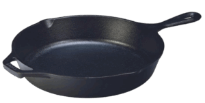 Pre-seasoned 12-inch cast-iron skillet with a long handle and helper grip.