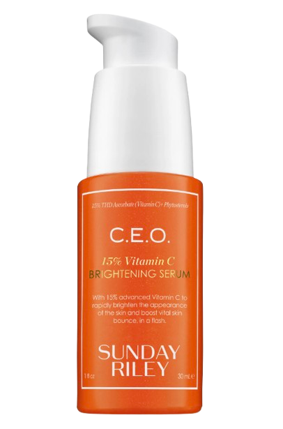 Sunday Riley C.E.O. 15% Vitamin C Brightening Serum in an orange bottle with white pump top and gold-accented label.
