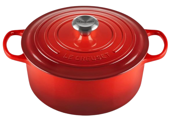 Le Creuset 5.5-quart Signature Round Dutch Oven in Cerise red enamel with a stainless-steel knob and wide loop handles on each side.