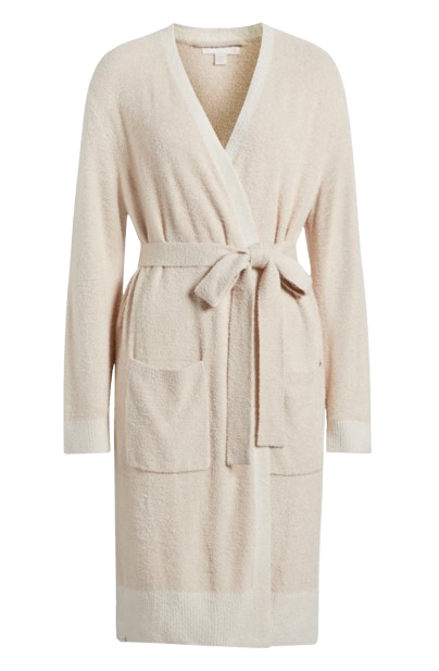 Barefoot Dreams CozyChic Lite Tonal Contrast Robe in a soft cream shade with an adjustable belt, long sleeves, and front patch pockets.