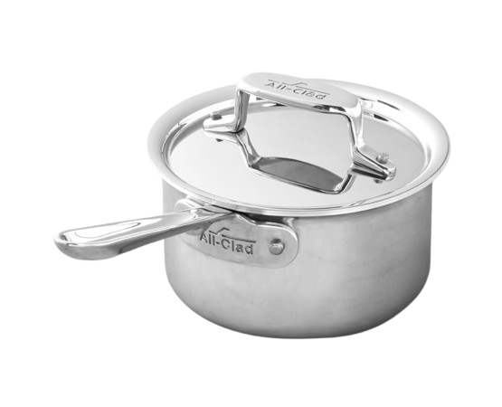 All-Clad D5 stainless-steel saucepan with a polished finish, long handle, and matching fitted lid featuring a wide metal grip.