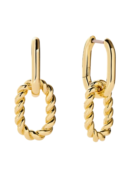 Pair of gold drop earrings featuring smooth oval hoops with twisted rope-style oval links hanging below.