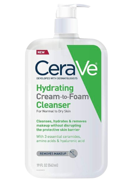 CeraVe Hydrating Cream-to-Foam Cleanser with pump dispenser, a 19 oz bottle for normal to dry skin formulated with ceramides, amino acids, and hyaluronic acid to cleanse, hydrate, and remove makeup.
