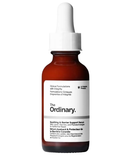 The Ordinary Soothing & Barrier Support Serum in an amber glass bottle with white dropper cap and minimalist white label for skin barrier repair.