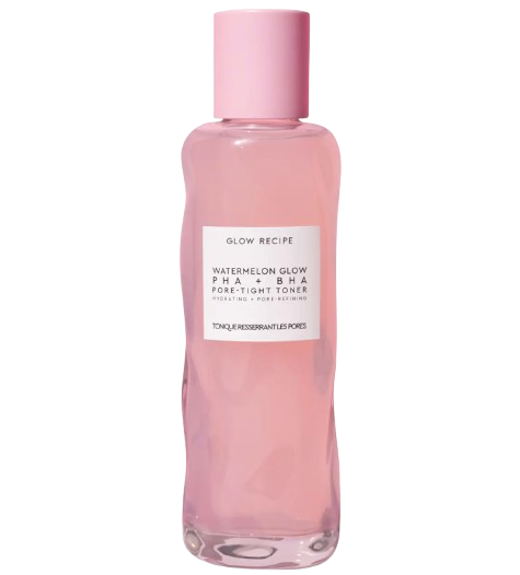 Glow Recipe Watermelon Glow PHA + BHA Pore-Tight Toner in a wavy pink glass bottle with matching pink cap and white label.