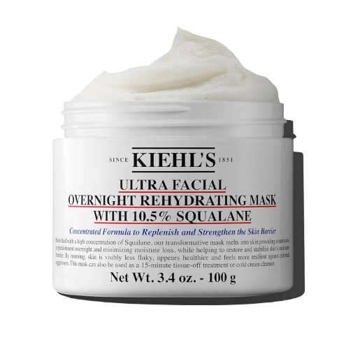 Kiehl’s Ultra Facial Overnight Rehydrating Mask with 10.5% squalane, shown in an open white jar with the whipped cream-texture formula visible.