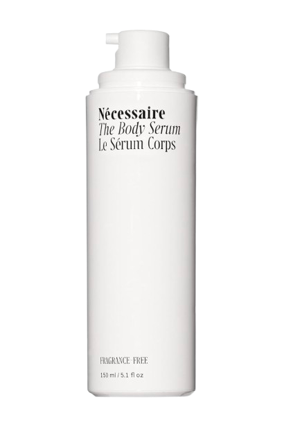 Nécessaire The Body Serum in a sleek white pump bottle with black minimalist text, fragrance-free formula in a 150 ml size.