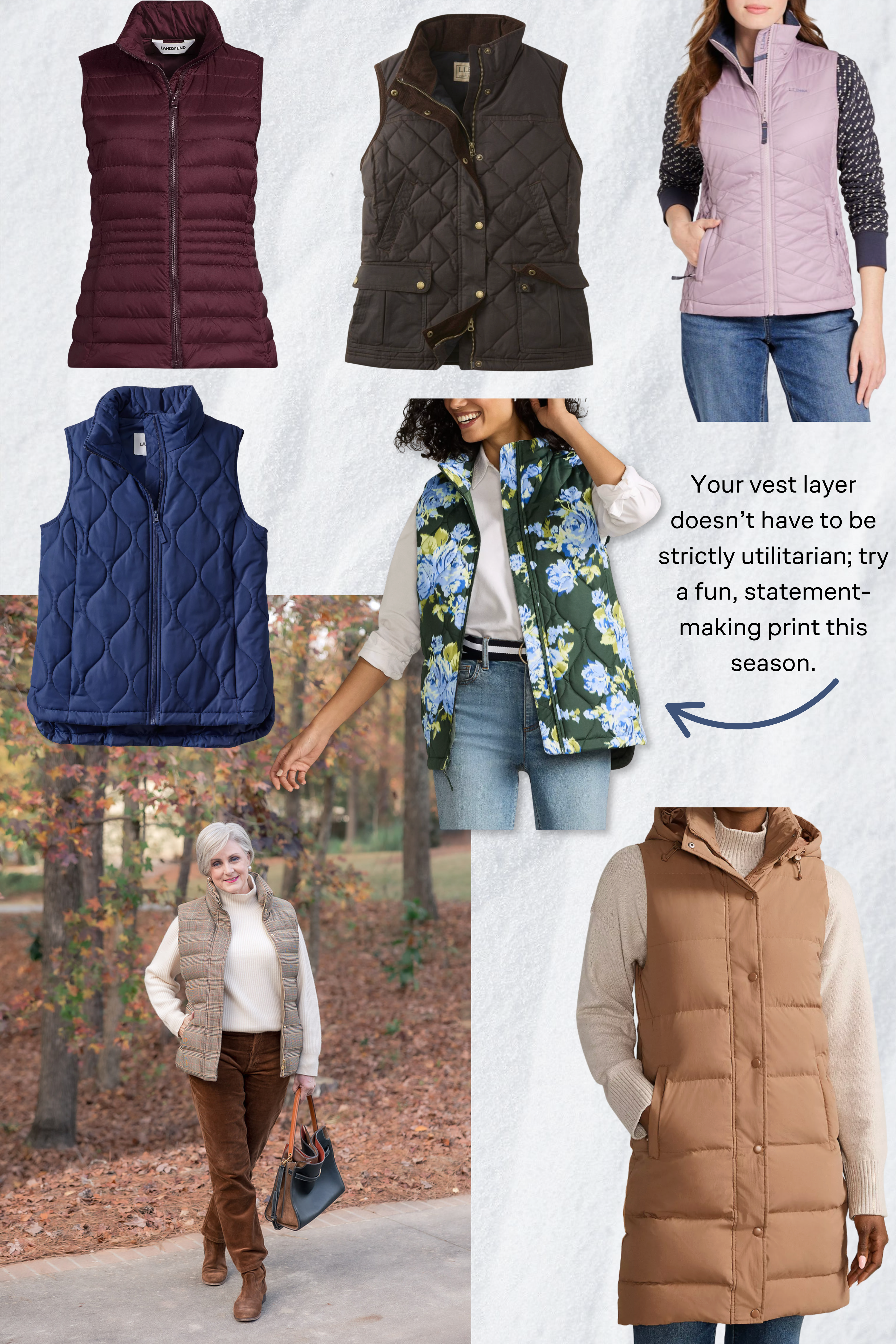 A collage of quilted and puffer vests in warm neutrals, jewel tones, and florals, styled over sweaters and jeans for fall and winter. A woman wears a tan plaid vest with brown corduroy pants and a cream turtleneck. Text overlay reads: “Your vest layer doesn’t have to be strictly utilitarian; try a fun, statement-making print this season.”