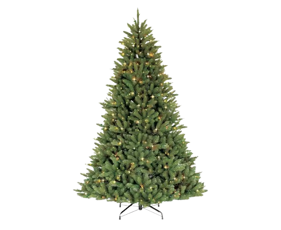 7.5-foot artificial Christmas tree with dense green branches and warm white lights, displayed on a metal stand.